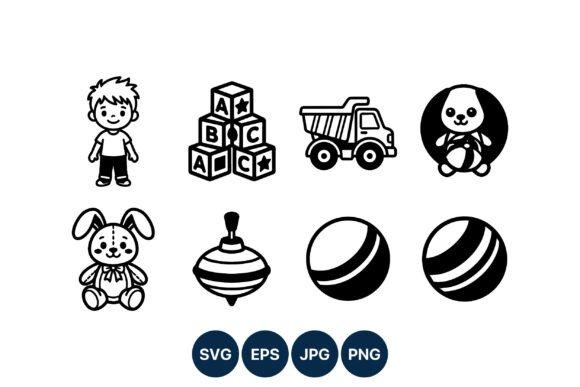 Kids Toys Black and White Vector Icons Review
